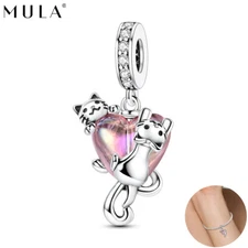 MULA 925 Sterling Silver Naughty Cat Heart Pink CZ DIY Charm For Women Bracelet