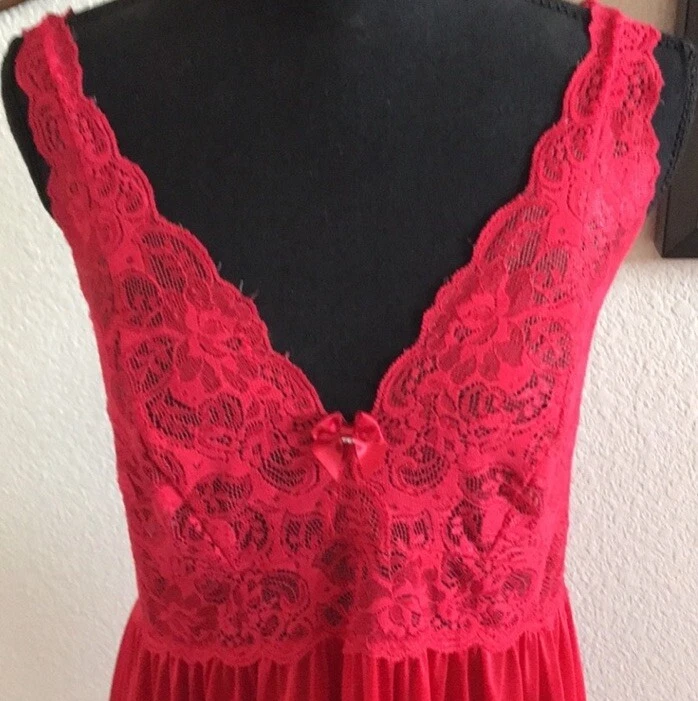 Red Full Sweep Olga Esque Shadowline Long Maxi Nightgown Slip Dress Lingerie - Image 3 of 4
