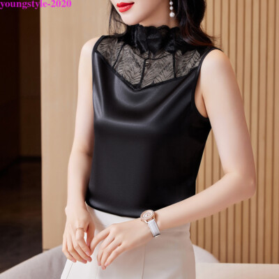 Plus Size Womens Sleeveless Mock Neck Satin Shirts Career Work