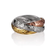 Silver Tri-Color Hawaiian Scroll, Maile Leaf and Plumeria Engraved 3-in-1 Ring