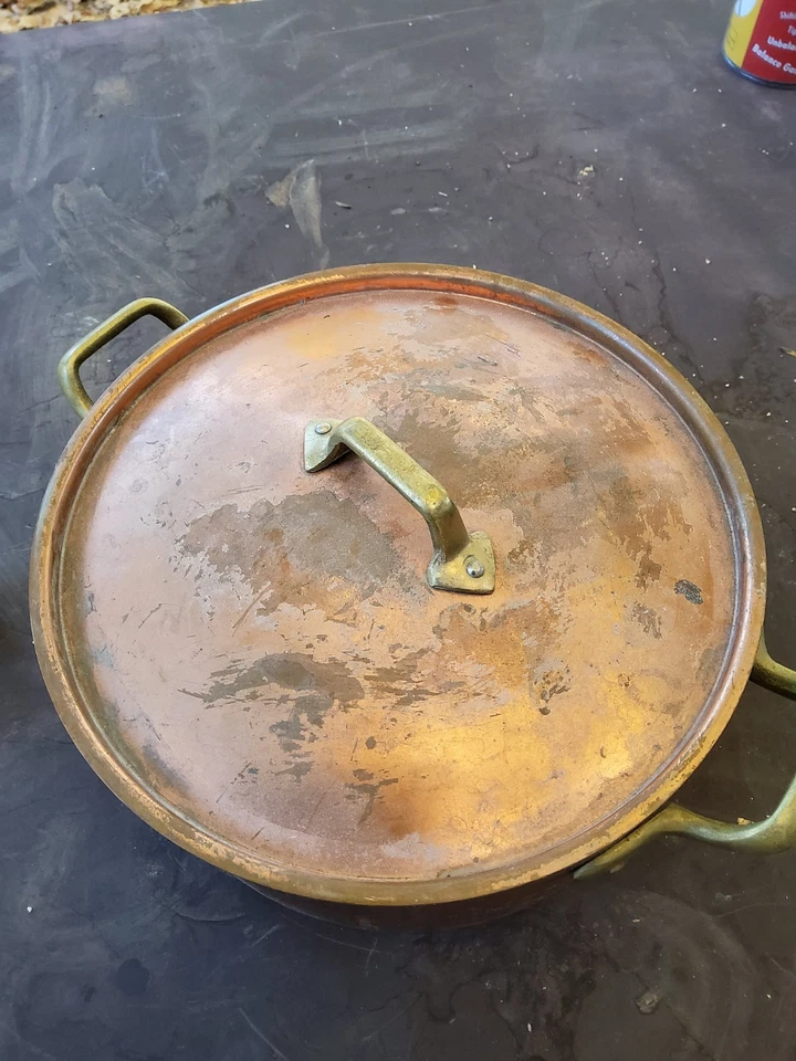 Olla Rondeau francesa vintage de cobre de 8" forrada de estaño 3,1 lb asas de latón sin marca Foto 2 de 4