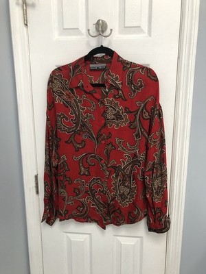 Linda Allard Ellen Tracy 100% Silk Red Paisley Button Semi-Sheer Blouse Top 14