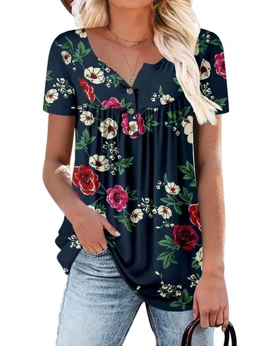 Short Sleeve Floral Blouse T-Shirt – Navy Small