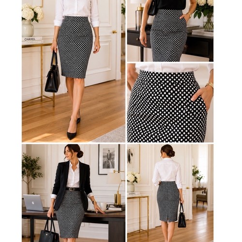 Boutique Essentials Pencil Skirt Women L Black White Polka Dot Excellent Stretch