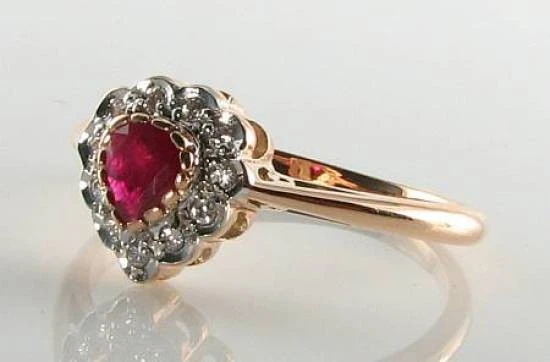 9CT 9K Oro Rosa Rubí Corazón Cluster Halo Diamante Anillo Art Deco Talla Libre