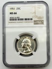 1951-P Washington Silver Quarter 25C NGC MS66 BU UNC Philadelphia US Coin BM1