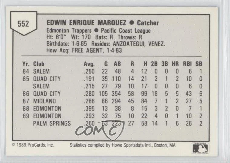 1989 ProCards Triple A Edwin Marquez #552 - Image 2 of 2