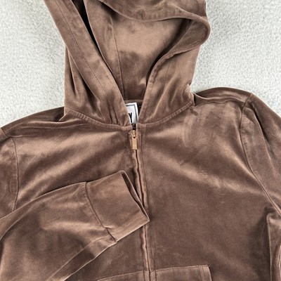 Juicy Couture Hoodie Womens XL Brown Velour Zip Up Rhinestone
