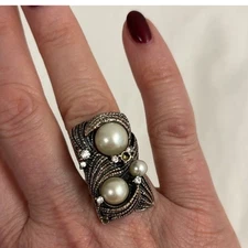 Faux Pearl Rhinestone Ring silver tone swirl design cocktail ring adjustable