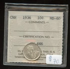1936 Canada Ten Cents Silver Coin - ICCS MS-60 Cert#FX 446