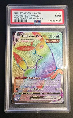 Pokemon TCG Umbreon VMAX Rainbow Secret Rare Card 214/203 Evolving Skies PSA 9