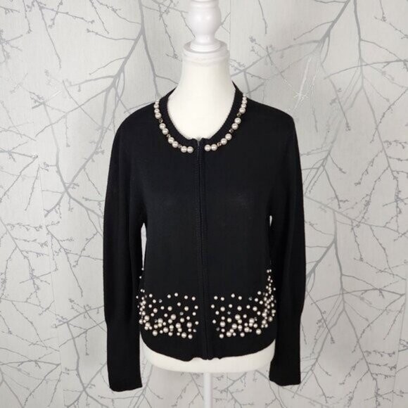 Nanette Lepore Black Wool Pearl Embellished Full Zip Cardigan | Women's L