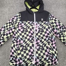 Hurley Girls XL 14/16 Hooded Puffer Jacket Warped Checkerboard Smiley Face Warm