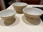 3 PCS Pyrex Cinderella Homestead Nesting Mixing Bowls Tan & blue 401, 02, 03