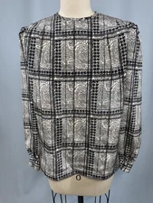 Vintage Blouse top SIZE 6 PETITE SMALL black white gray EVA LAUREL 80s 90s check