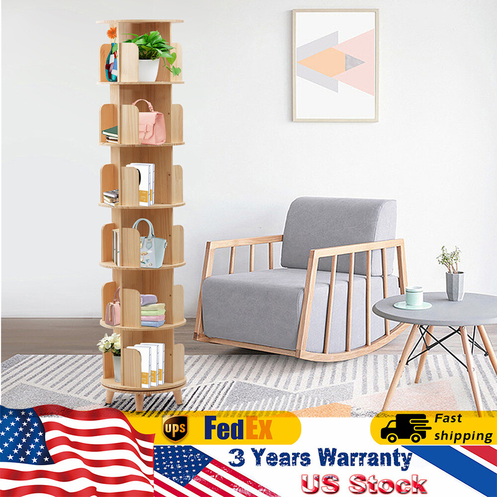 Rotating Bookshelf Cylindrical Wooden Book Rack 6 Tier Plants Storage Display