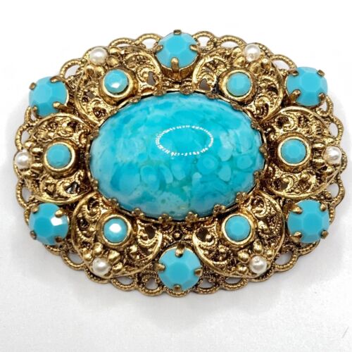 Vintage West Germany W. Germany Faux Turquoise Cabochon Rhinestone Brooch Pin