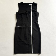 Calvin Klein Women Black Beige Stripe Lined Sheath Sleeveless Career Dress 6