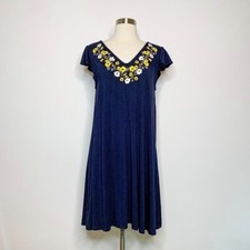 Adrianna Papell Dress Knit Navy Blue Embroidered Neckline Floral Flutter Sleeve