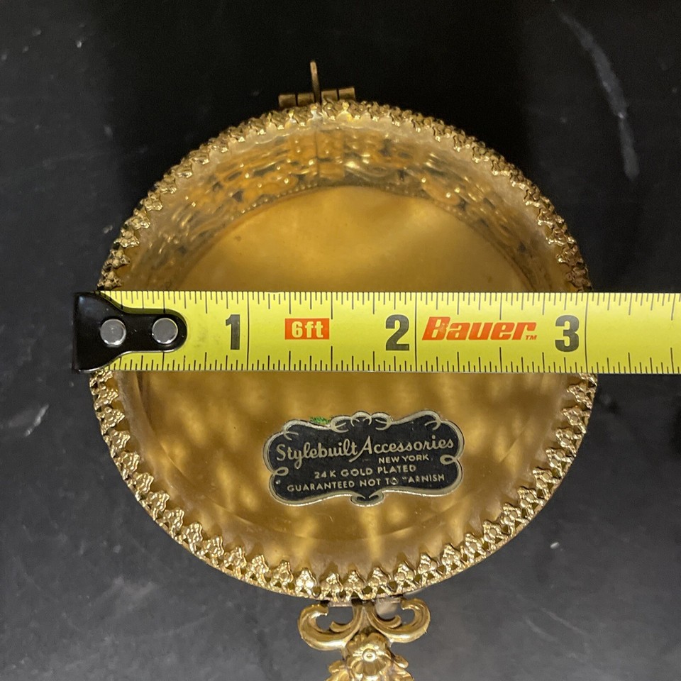 Vintage Ormolu 24k Gold Plated Filigree Jewelry Box Footed Glass