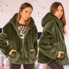 Lulus Nwt Deluxe Diva Faux Fur Cozy Oversized Full Zip Hooded Jacket Olive Sz Xl