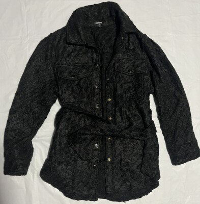 EXPRESS BLACK TWEED NOVELTY BUTTON OVERSIZED BELTED SHACKET SZ XL