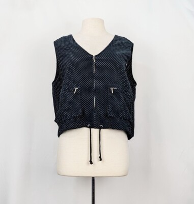 Vintage 90s Vest Esprit Navy Blue Gray Polka Dots Corduroy Zip Misses Size L