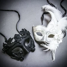 Black Roman Warrior & White Side Feather Glitter Couple Masquerade Ball Mask
