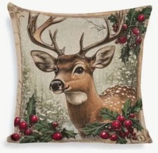 Winter Berries Deer Wreath Christmas Linen Throw Pillow Cover Holiday Home Decor