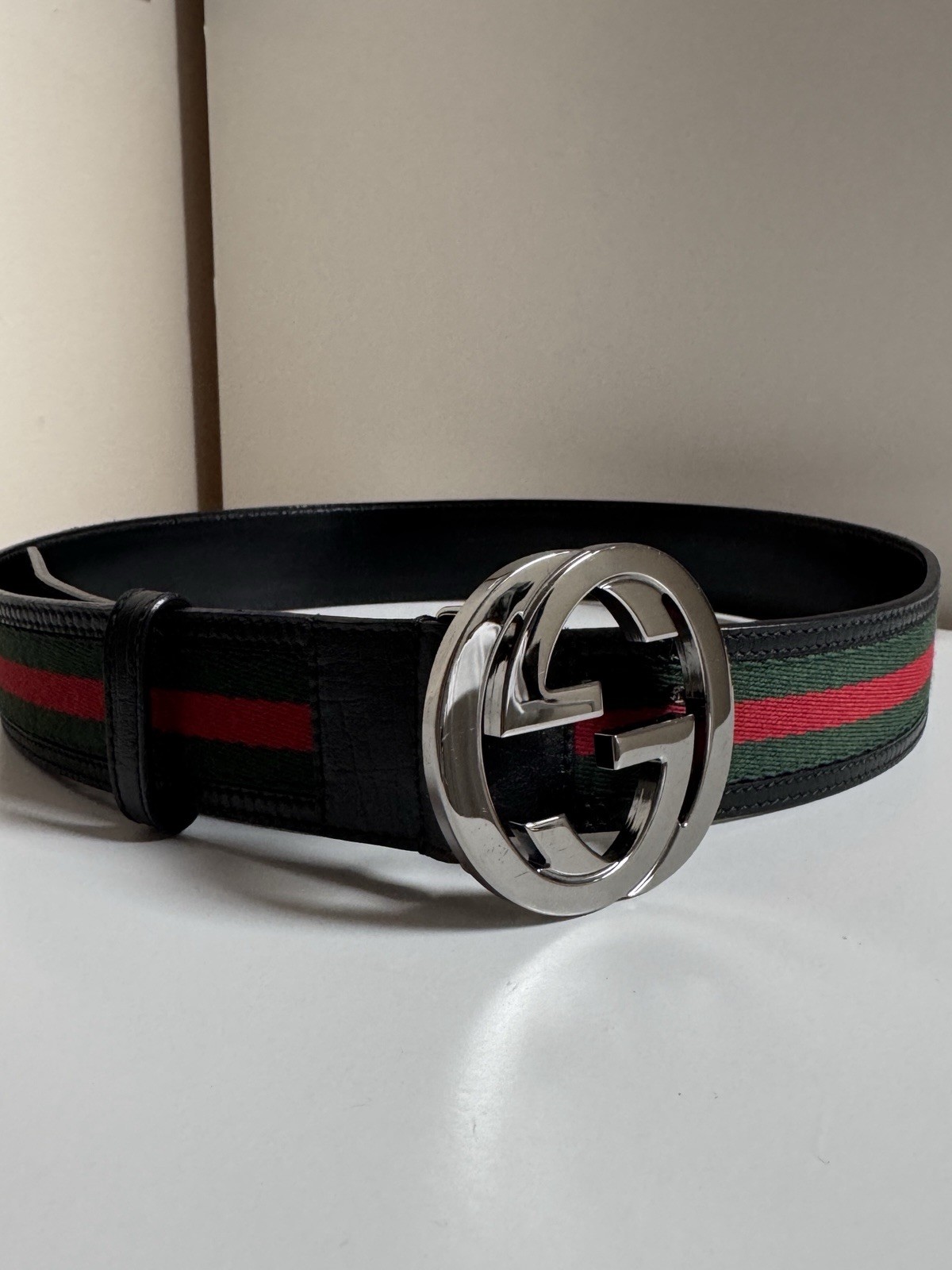 Gucci Mens Belt (2010) - Interlocking G Silver - Black Leather - 90cm / 36 inch