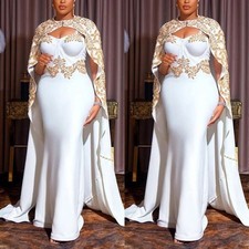 Plus Size White Long Mermaid Prom Dress Gold Embroidery Cape Evening Party Gown