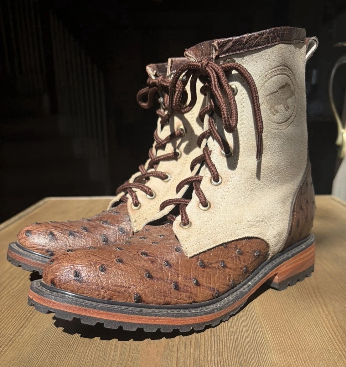 Handcrafted Mexican Ostrich Print Leather Packer Boots Mens 8 Womens 10 Men main image 3