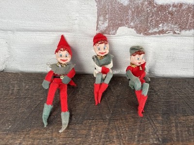 3 Vintage Felt Christmas Elves Knee Hug MCM Japan Holiday Decor Retro Nostalgic