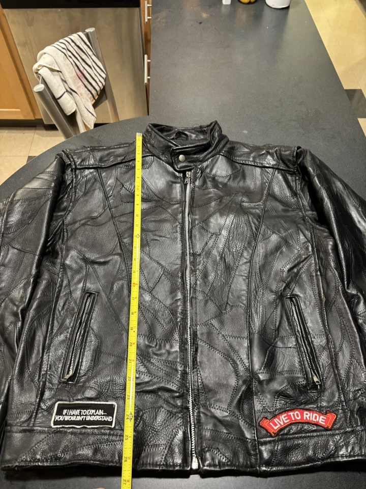 CHAQUETA MOTOCICLISTA CUERO BÚFALO PLACA DIAMANTE CON PARCHES TALLA L Foto 4 de 4
