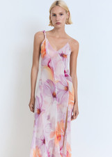 NEW MANGO Floral-print dress asymmetrical straps Purple SIZE M/100%AUTHENTIC
