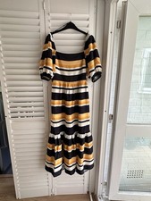 Navy And Yellow Stripe Summer Puff Sleeve Tiered Midi Dress - Size Medium