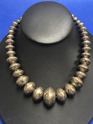 VTG ROY VANDEVER SIGNED STERLING SILVER NAVAJO PEARLS BEADED GRADUATED NECKLACE