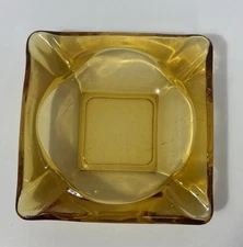 Vintage Amber Glass Cigar Ashtray Square Mid Century Modern Heavy 1.3 LB 5.75In