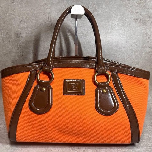 Burberry Blue Label Tote Bag Handbag A4 Size Orange Leather Capacity Large