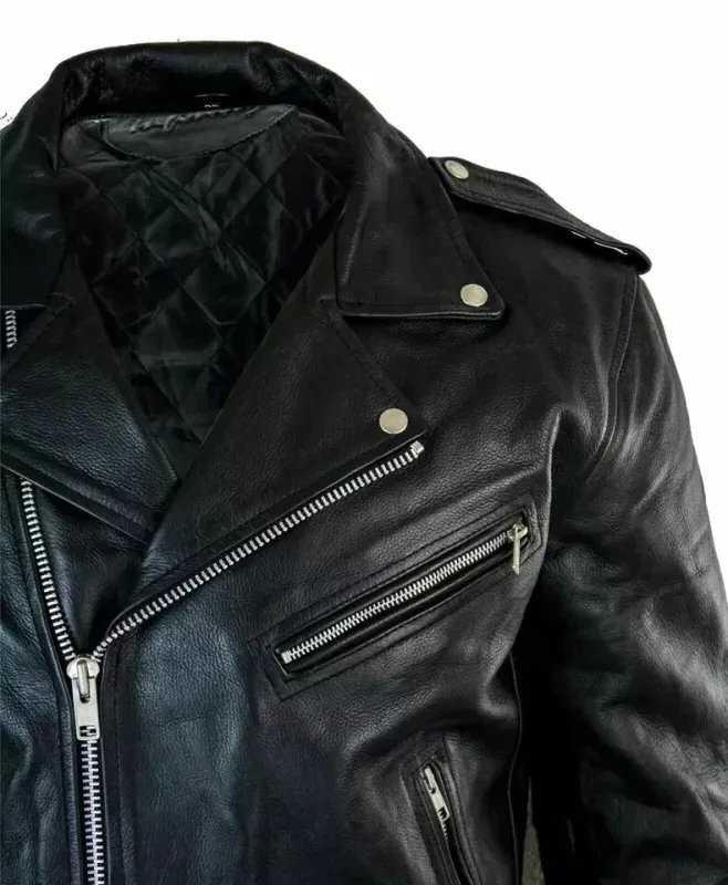 Chaqueta de cuero para motocicleta para hombre piel de búfalo genuina estilo marca motociclista negro Foto 4 de 4