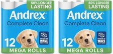 2 Andrex Complete Clean Toilet Tissue; 12 Mega Toilet Rolls =18 Standard Loo Rol