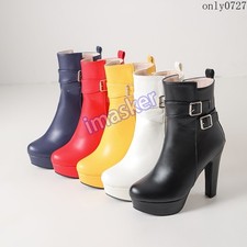 Womens Round Toe High Heel Ankle Boots Buckle Platform Zipper Shoes Oversize