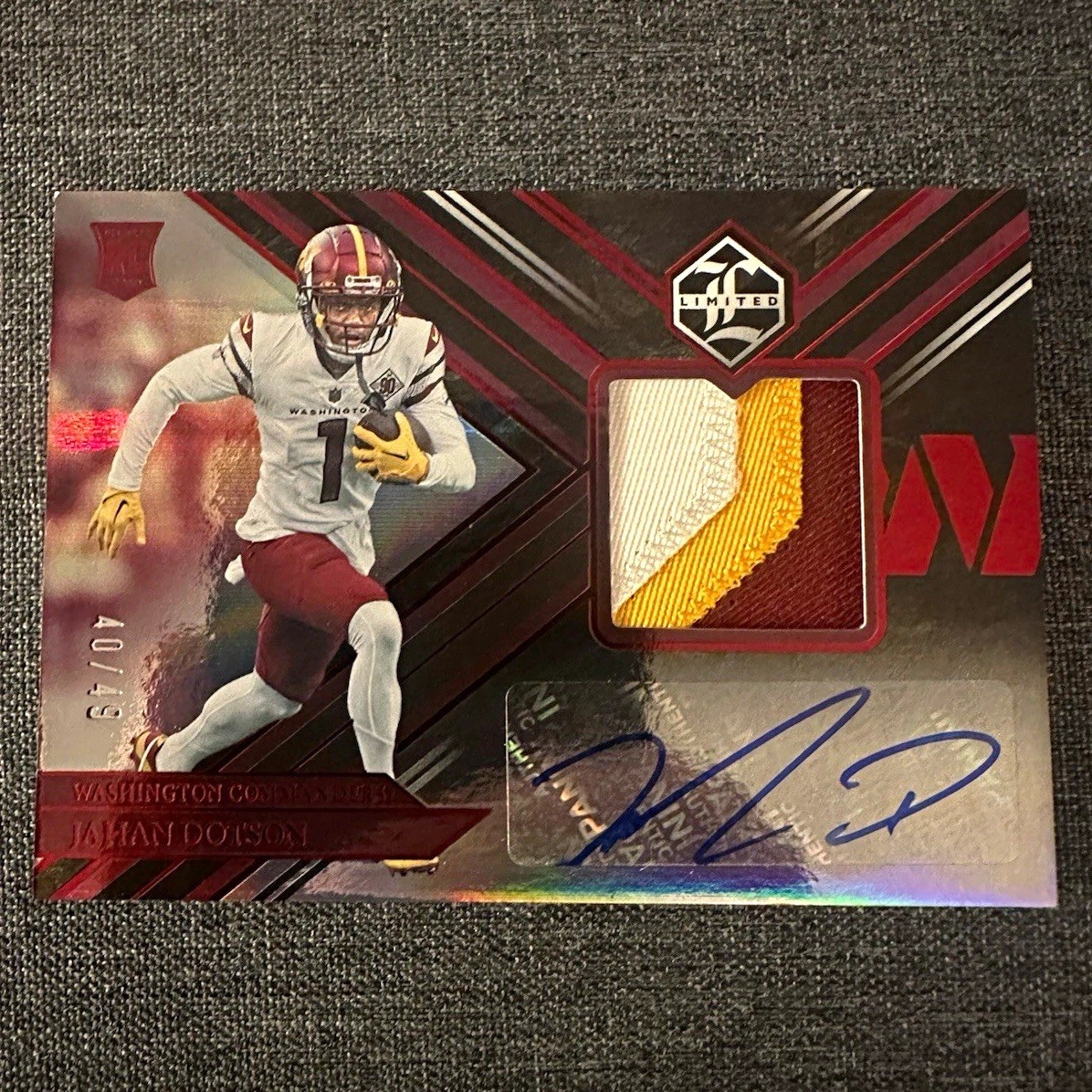 2022 Panini Limited Jahan Dotson Rookie Patch Auto Red /49 #113
