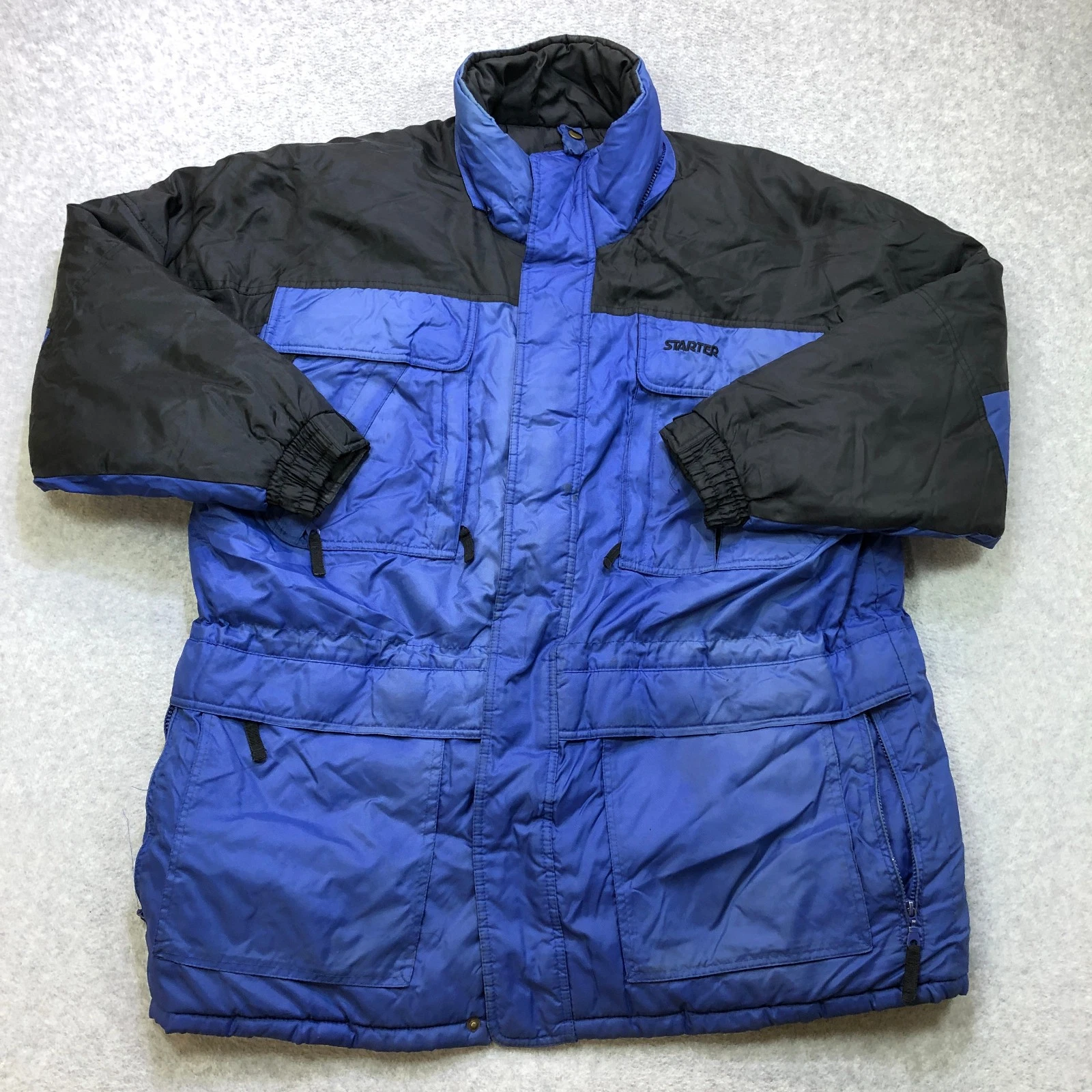 Vintage Starter Jacket Men's Large Blue Full Zip Chore Pockets Nylon Outdoor