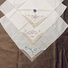 Lot 3 Handkerchiefs Embroidered Corner Lace AS IS Condition Pinholes Stains VTG