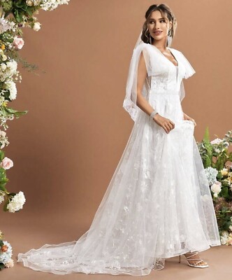 SHEIN Belle Floral Embroidered Bow Mesh Floor Length Wedding Dress size L  (8-10) | eBay