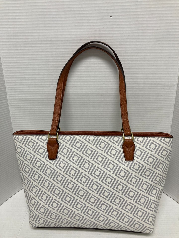 Liz Claiborne Jess Tote Purse White w/ Gray Design Brown Handles NWT's