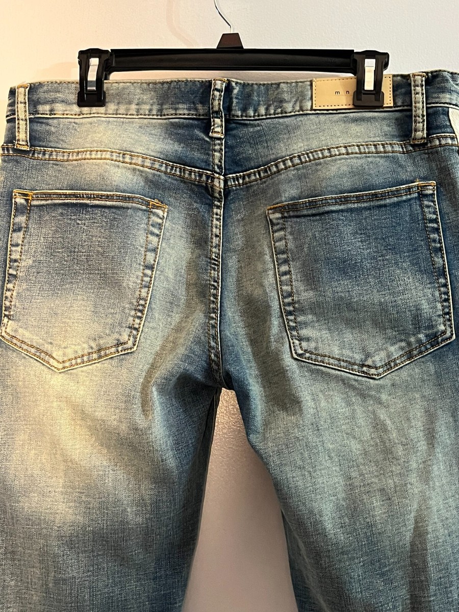 【mnem】Ridi cut washed denim mnmi Men's Cutoff Jeans Distressed Frayed Short Hem 33 25