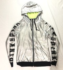 Victoria's Secret Pink Fashion Show Metallic Silver Logo Hoodie Jacket XS