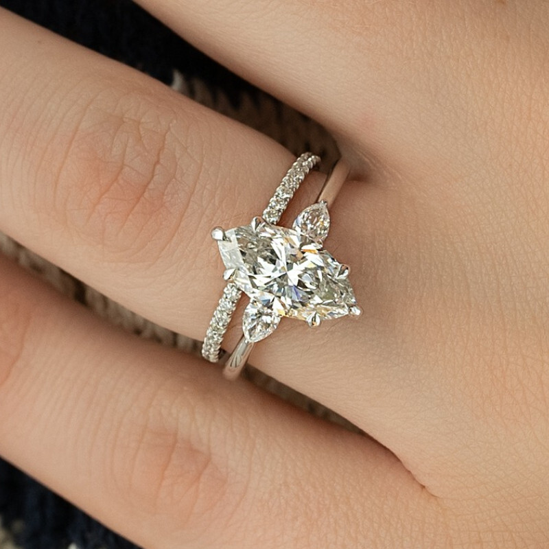 Fancy Engagement Ring Set 3.04 Ct Lab Created Diamond Ring Set 14K White Gold-image